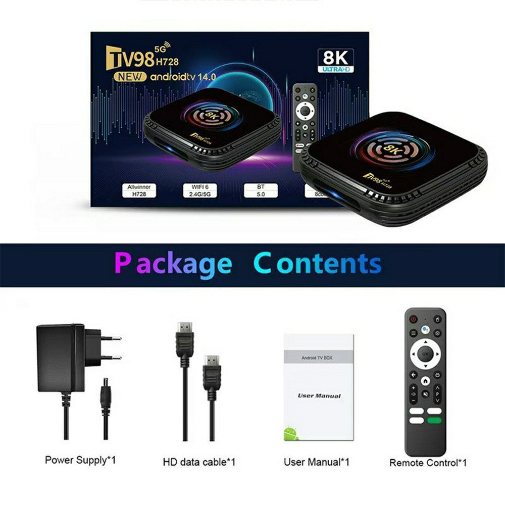 TV98 H728 Android 14 TV-boks 8K Ultra HD videoafkodning WiFi 6 dual-band smart medieafspiller til hjemmebiograf, 4+32GB