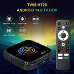 TV98 H728 Android 14 TV-boks 8K Ultra HD videoafkodning WiFi 6 dual-band smart medieafspiller til hjemmebiograf, 4+32GB