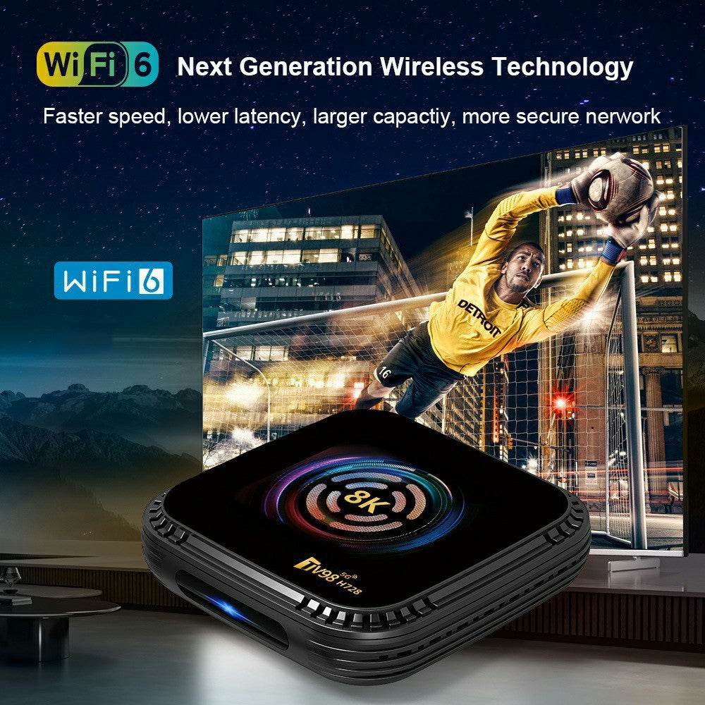 TV98 H728 Android 14 TV-boks 8K Ultra HD videoafkodning WiFi 6 dual-band smart medieafspiller til hjemmebiograf, 4+32GB