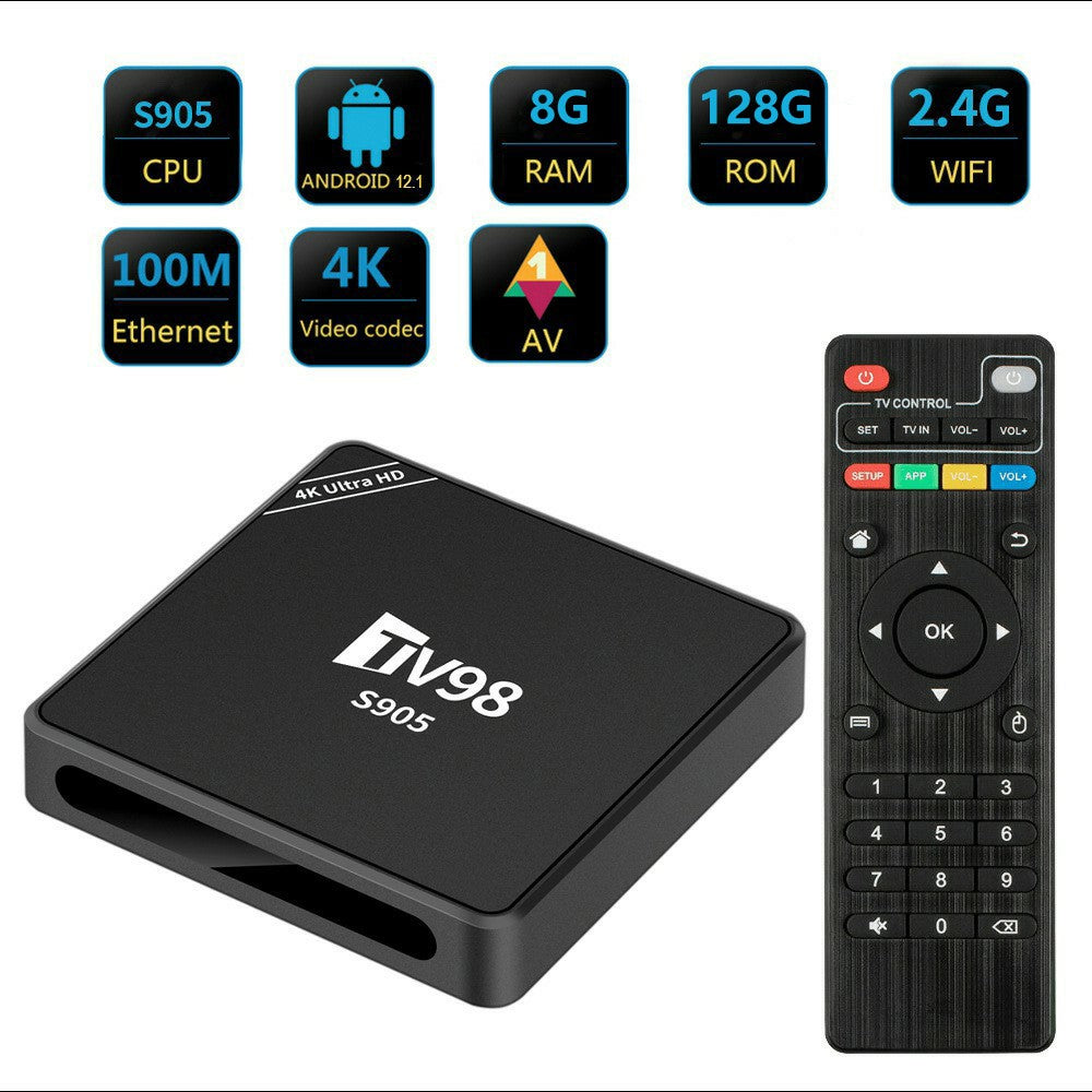TV98 S905 8+128GB 4K Ultra HD Android 12.1 Smart TV-boks med 2.4G WiFi, 100M Ethernet, dobbelt HD AV-udgang og fjernbetjening