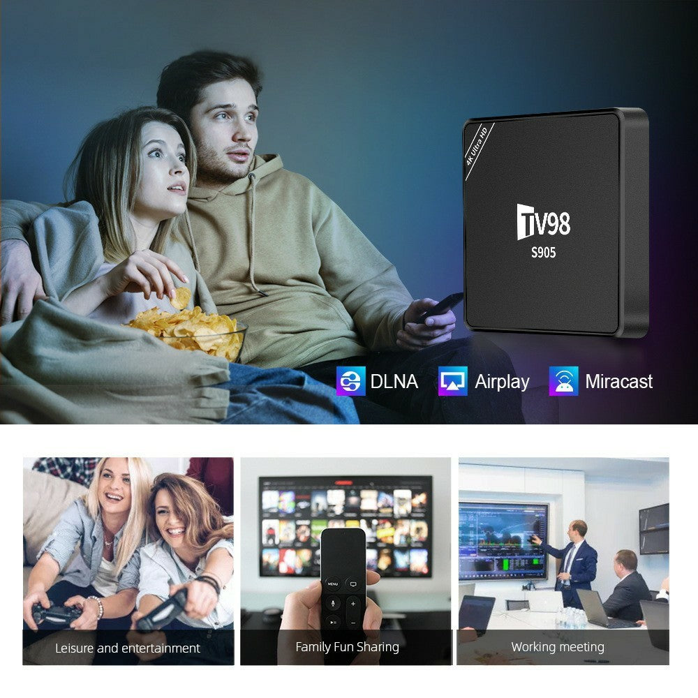 TV98 S905 8+128GB 4K Ultra HD Android 12.1 Smart TV-boks med 2.4G WiFi, 100M Ethernet, dobbelt HD AV-udgang og fjernbetjening