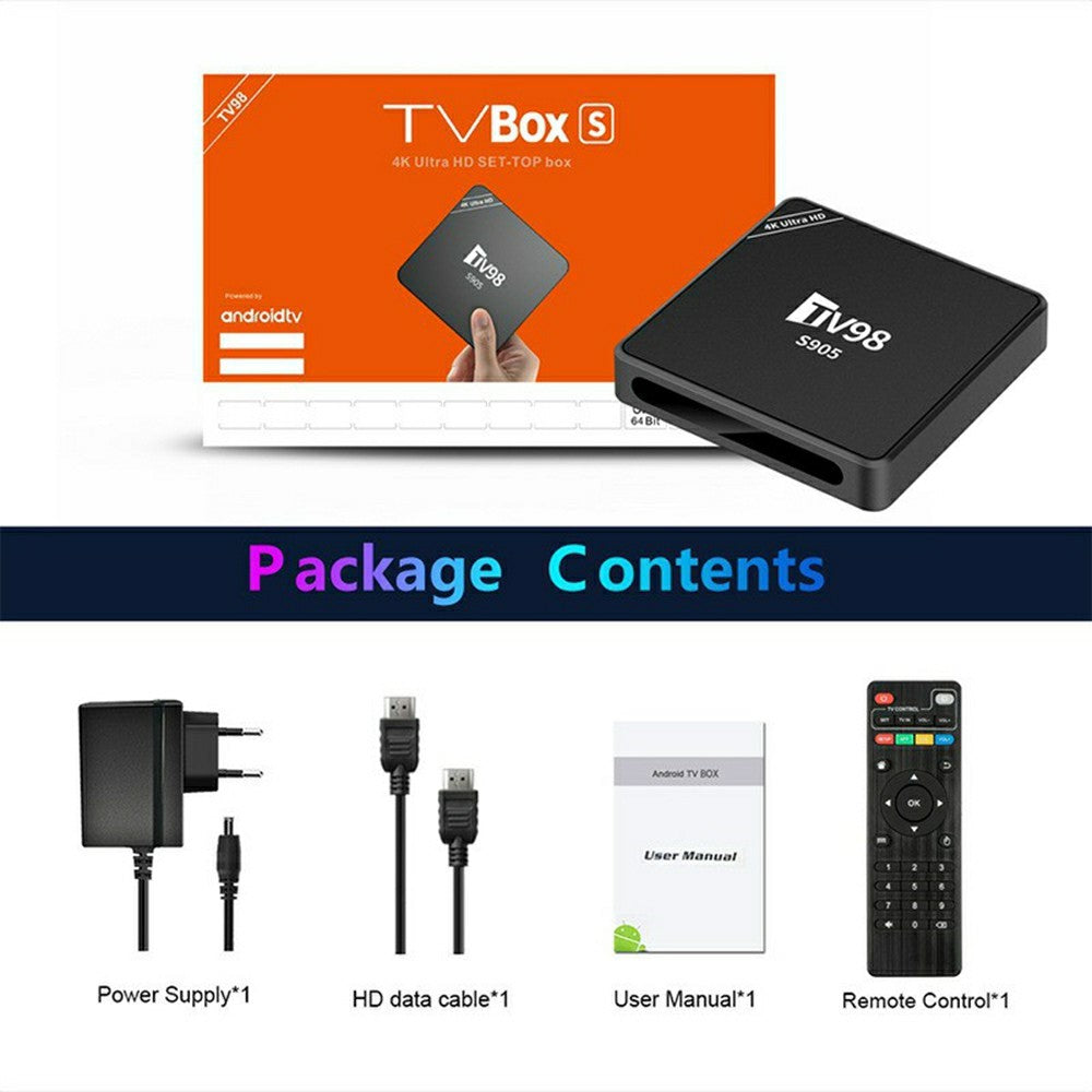 TV98 S905 8+128GB 4K Ultra HD Android 12.1 Smart TV-boks med 2.4G WiFi, 100M Ethernet, dobbelt HD AV-udgang og fjernbetjening