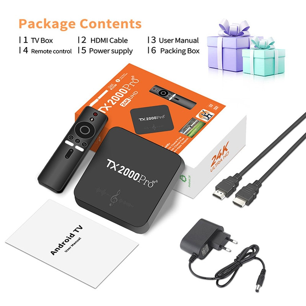 TX2000Pro 16+256GB Android TV Box 4K UHD Quad Core A53 Dual WiFi BT5.0 Medieafspiller til Home Entertainment