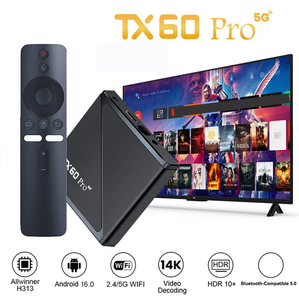 TX60 Pro 5G 16+256GB Android TV Box 14K Afkodning Dual Band WiFi Bluetooth-kompatibel Stemmefjernbetjening til Hjemmeunderholdning