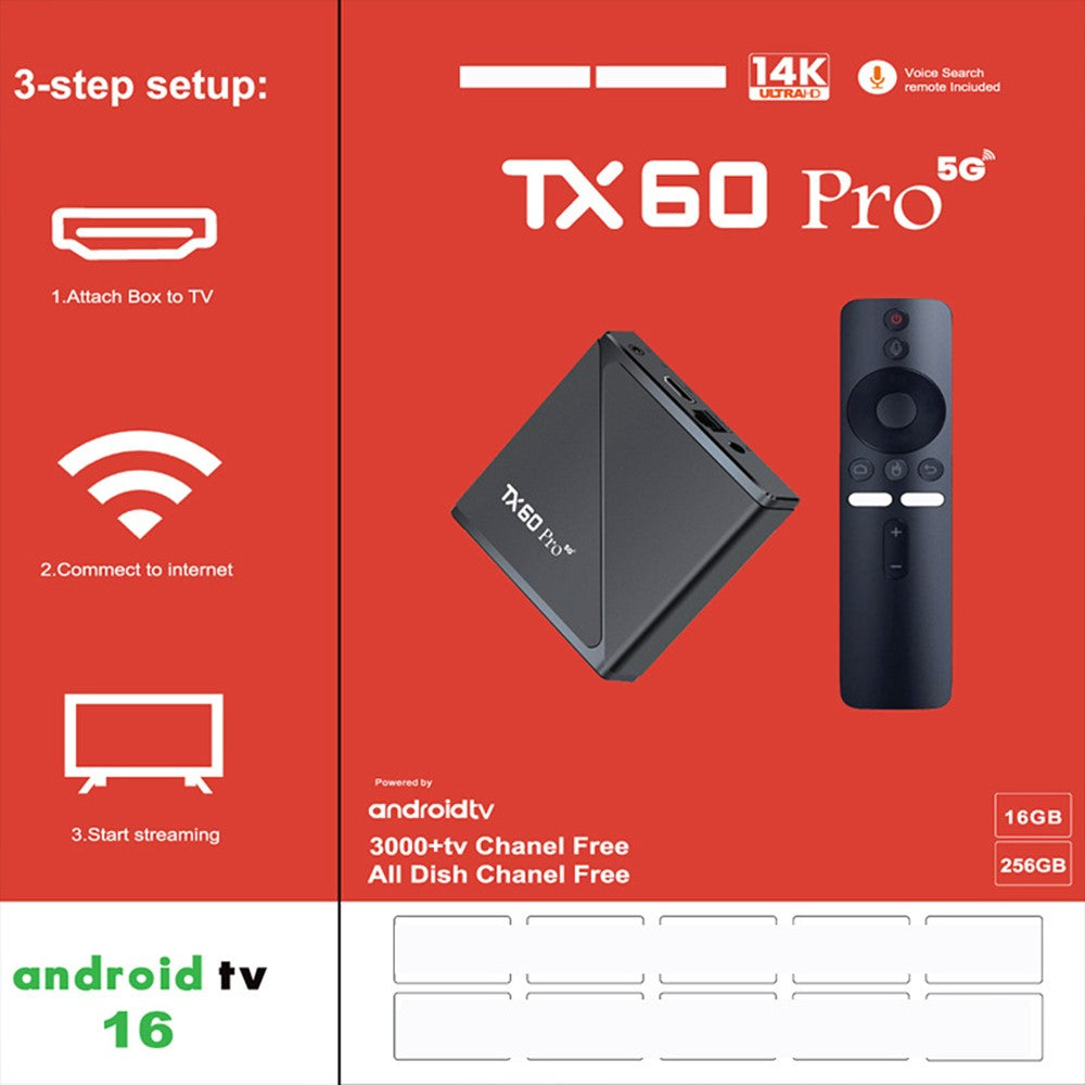 TX60 Pro 5G 16+256GB Android TV Box 14K Afkodning Dual Band WiFi Bluetooth-kompatibel Stemmefjernbetjening til Hjemmeunderholdning
