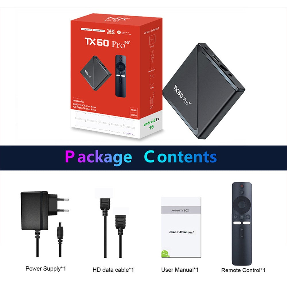 TX60 Pro 5G 16+256GB Android TV Box 14K Afkodning Dual Band WiFi Bluetooth-kompatibel Stemmefjernbetjening til Hjemmeunderholdning