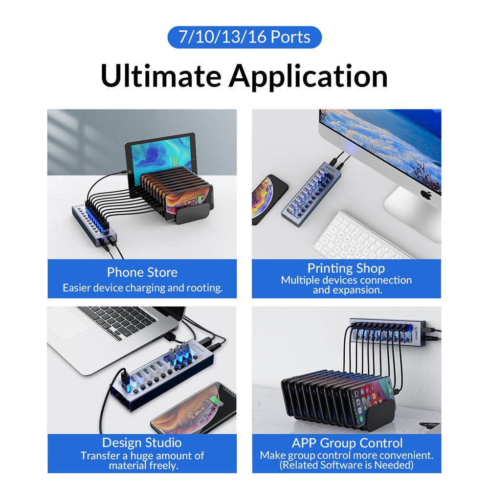 ORICO AT2U3-10AB USB3.0 multi-port HUB i aluminiumlegering + PC med individuelle kontakter