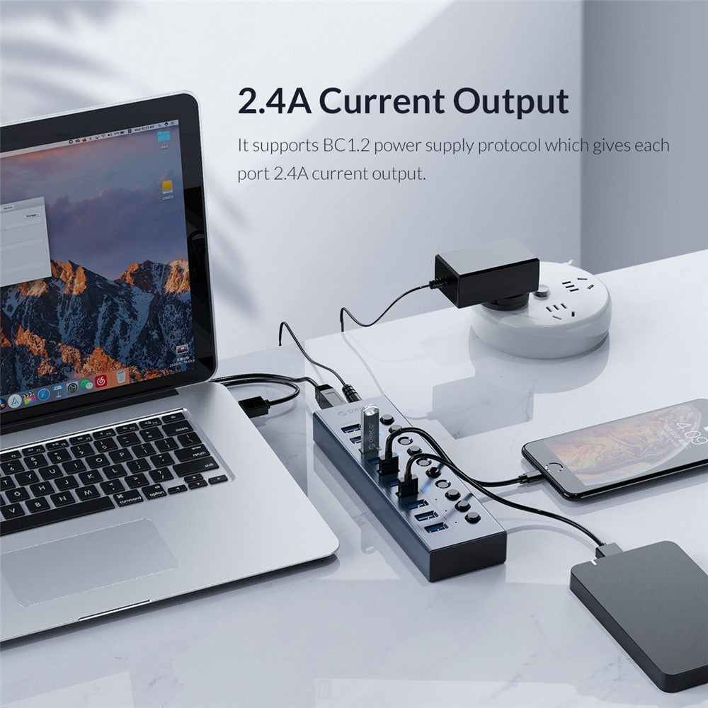 ORICO BT2U3-10AB Aluminiumlegering 10 Portars USB3.0 5Gbps Dataöverföring USB Hub Laddningssplitter med Separata Switchar