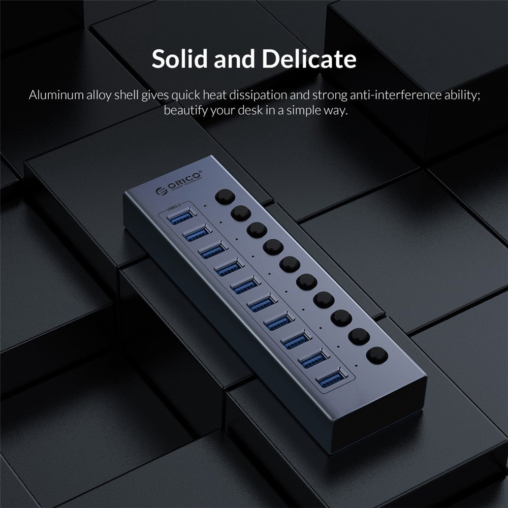 ORICO BT2U3-10AB Aluminiumlegering 10 Portars USB3.0 5Gbps Dataöverföring USB Hub Laddningssplitter med Separata Switchar