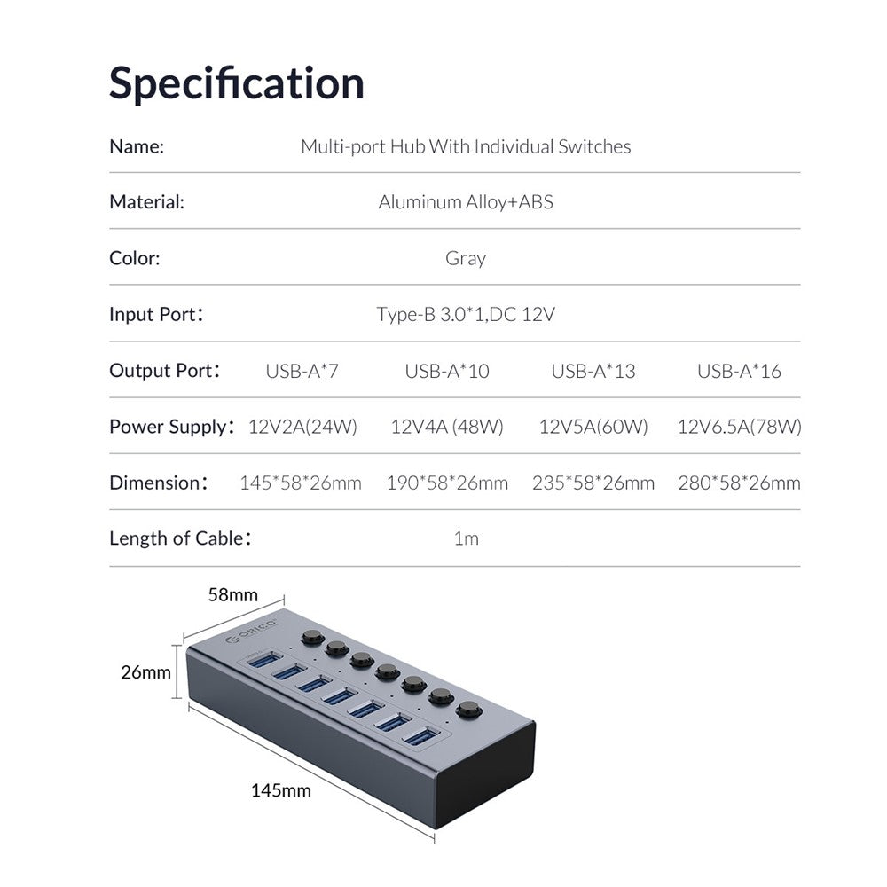 ORICO BT2U3-10AB Aluminiumlegering 10 Portars USB3.0 5Gbps Dataöverföring USB Hub Laddningssplitter med Separata Switchar