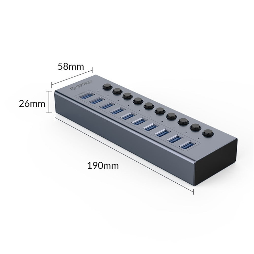 ORICO BT2U3-10AB Aluminiumlegering 10 Portars USB3.0 5Gbps Dataöverföring USB Hub Laddningssplitter med Separata Switchar
