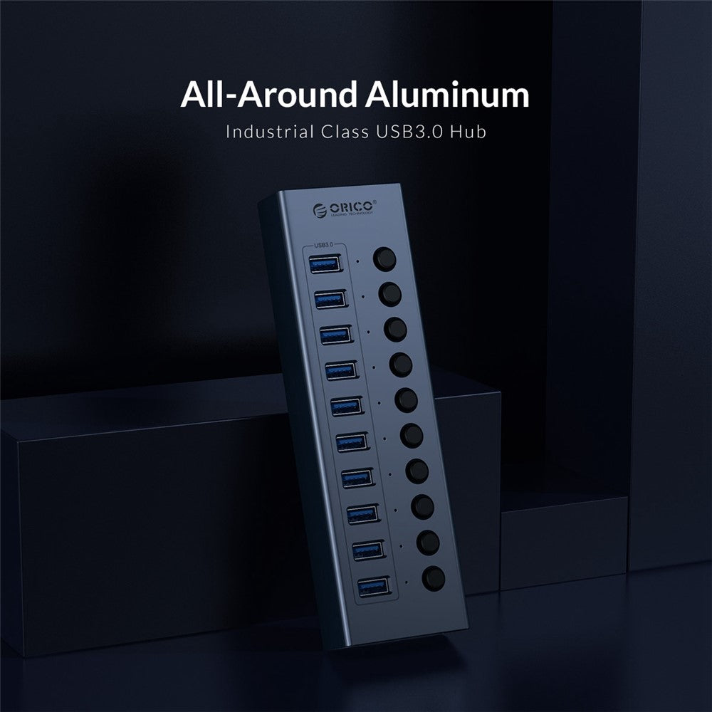 ORICO BT2U3-10AB Aluminiumlegering 10 Portars USB3.0 5Gbps Dataöverföring USB Hub Laddningssplitter med Separata Switchar