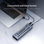 ORICO BT2U3-10AB Aluminiumlegering 10 Portars USB3.0 5Gbps Dataöverföring USB Hub Laddningssplitter med Separata Switchar