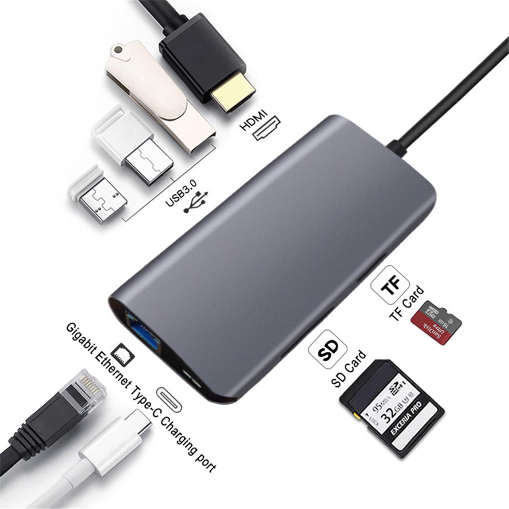 8-in-1 Type C Hub Adapter USB 3.0 RJ45 SD / TF Card Reader HD Type-C Port Docking Station