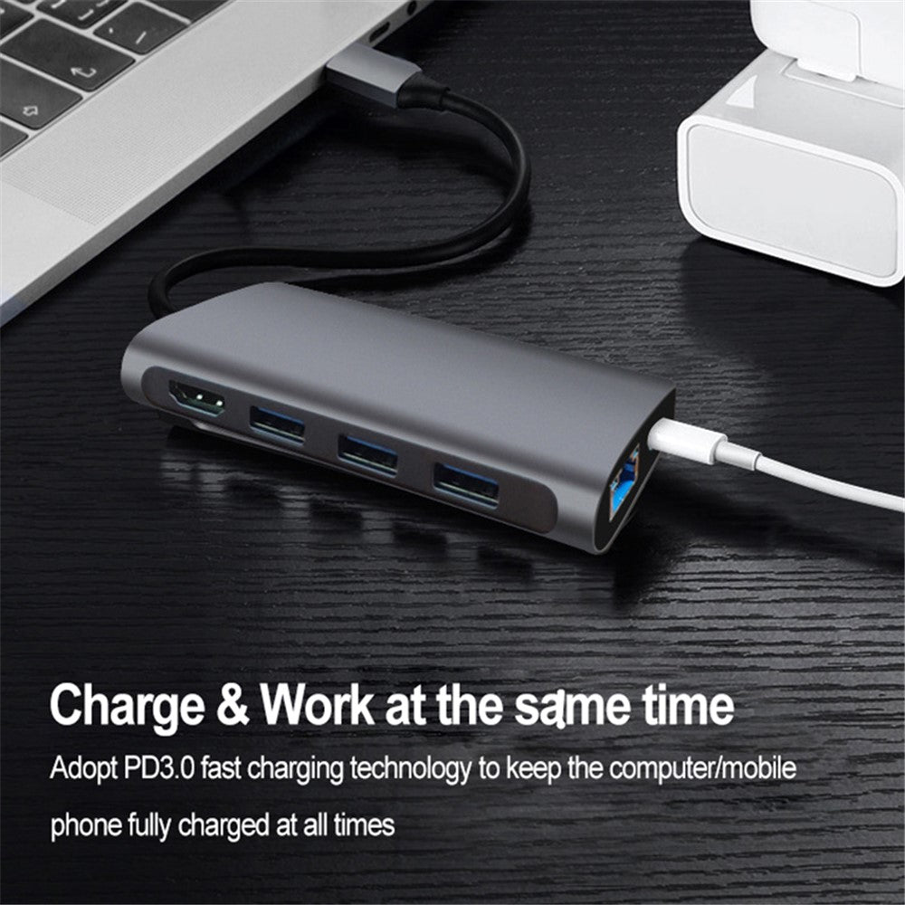 8-in-1 Type C Hub Adapter USB 3.0 RJ45 SD / TF Card Reader HD Type-C Port Docking Station