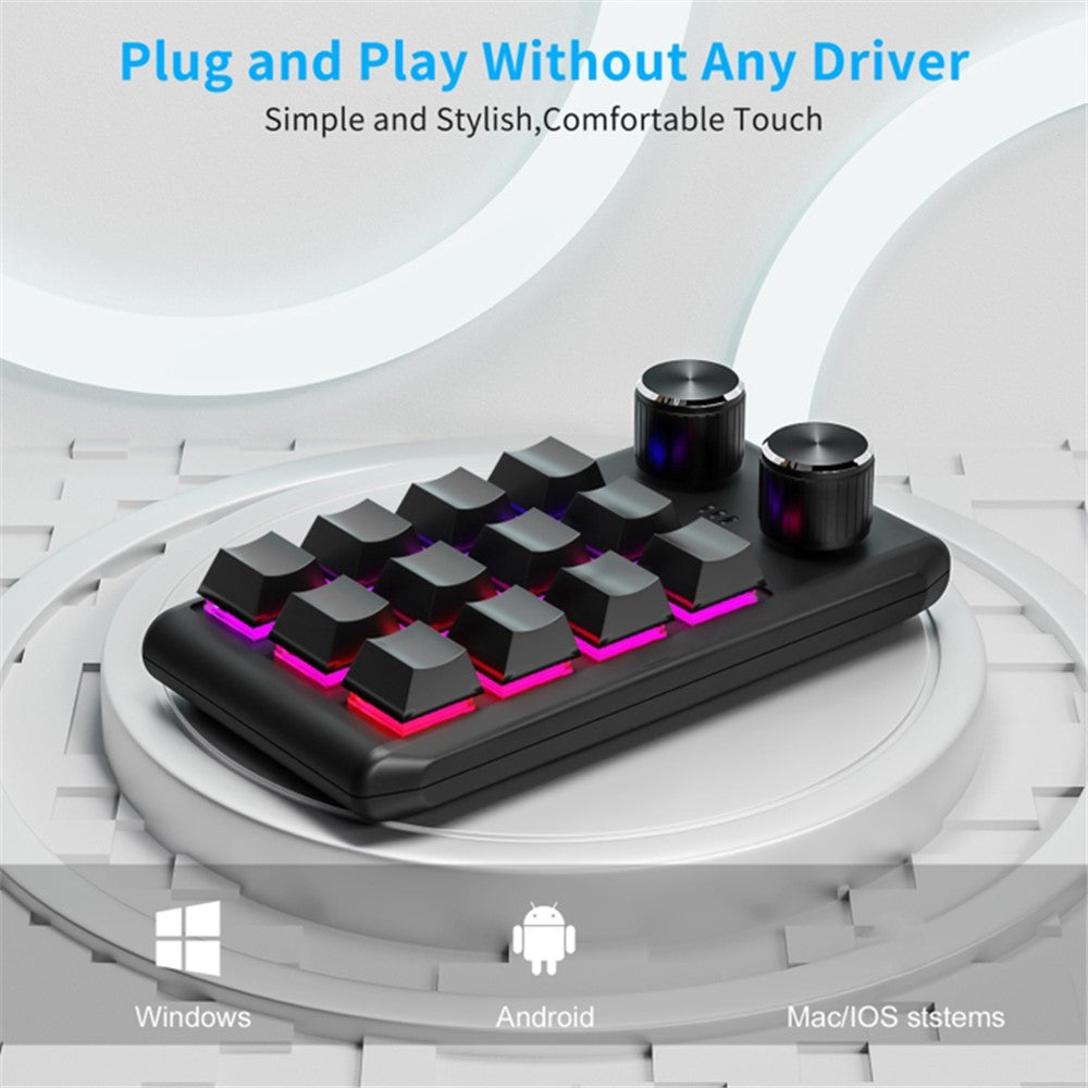 Bluetooth-kompatibelt 5.0 Trådløst Programmerbart Gaming Tastatur Enhåndsbetjening 12 Taster 2 Drejeknapper Mekanisk Tastatur med LED-belysning