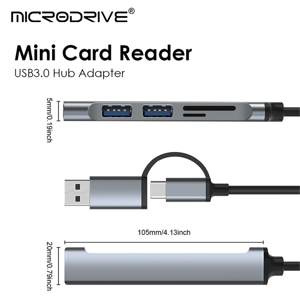 USB+Type-C Hub Adapter to 2xUSB 2.0+USB 3.0+2 Card Reader Slots