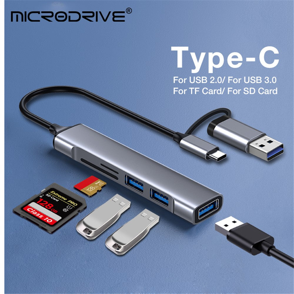 USB+Type-C Hub Adapter to 2xUSB 2.0+USB 3.0+2 Card Reader Slots
