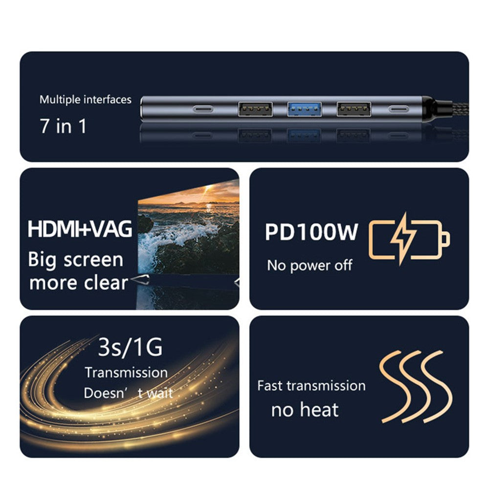 USB-C Hub Adapter Type-C til 4K 60Hz HD+USB 3.1+USB 2.0x2+USB 3.0+PD 100W Konverter Dock