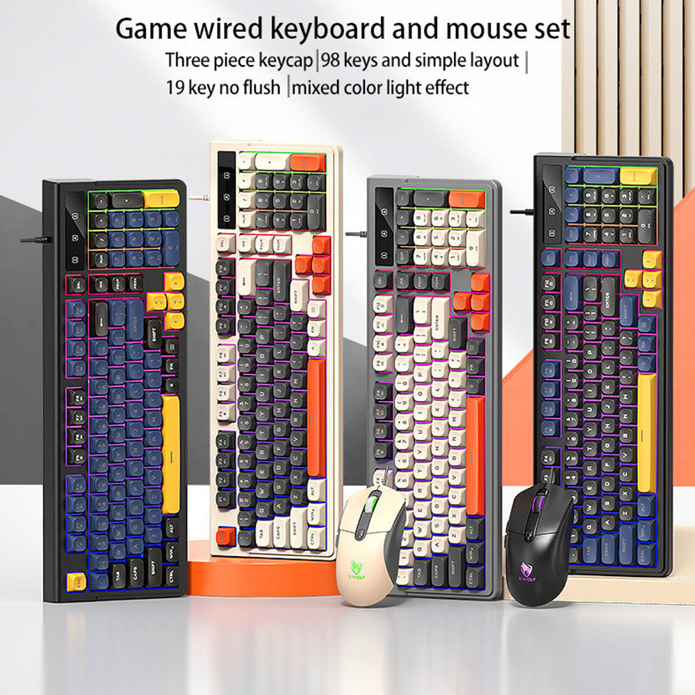 T-WOLF TF330 Wired Gaming Keyboard Mouse Combo Set 98 Keys 7200 DPI Keyboard Mouse with RGB Backlit