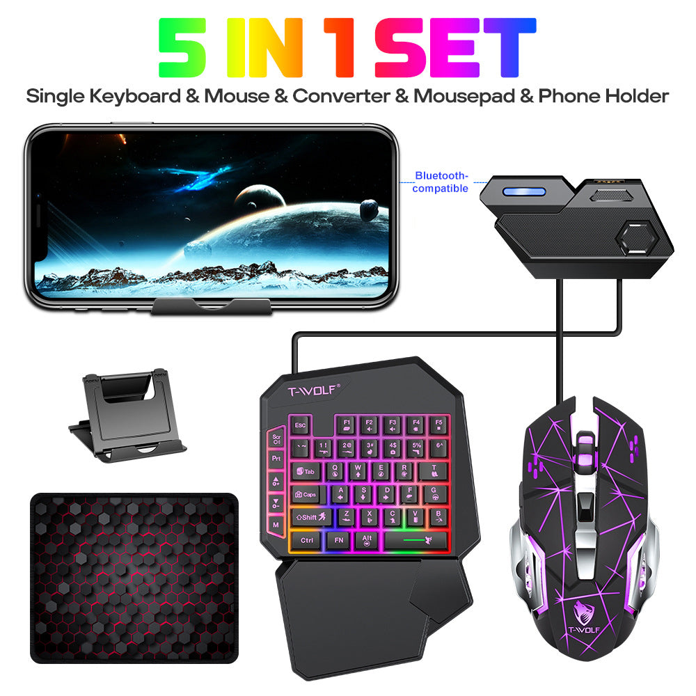 T-WOLF TF950 5PCS Gaming Keyboard Mouse Set Wired 40-Key Keyboard Mouse with Stand and Adapter for Android Phone Tablet