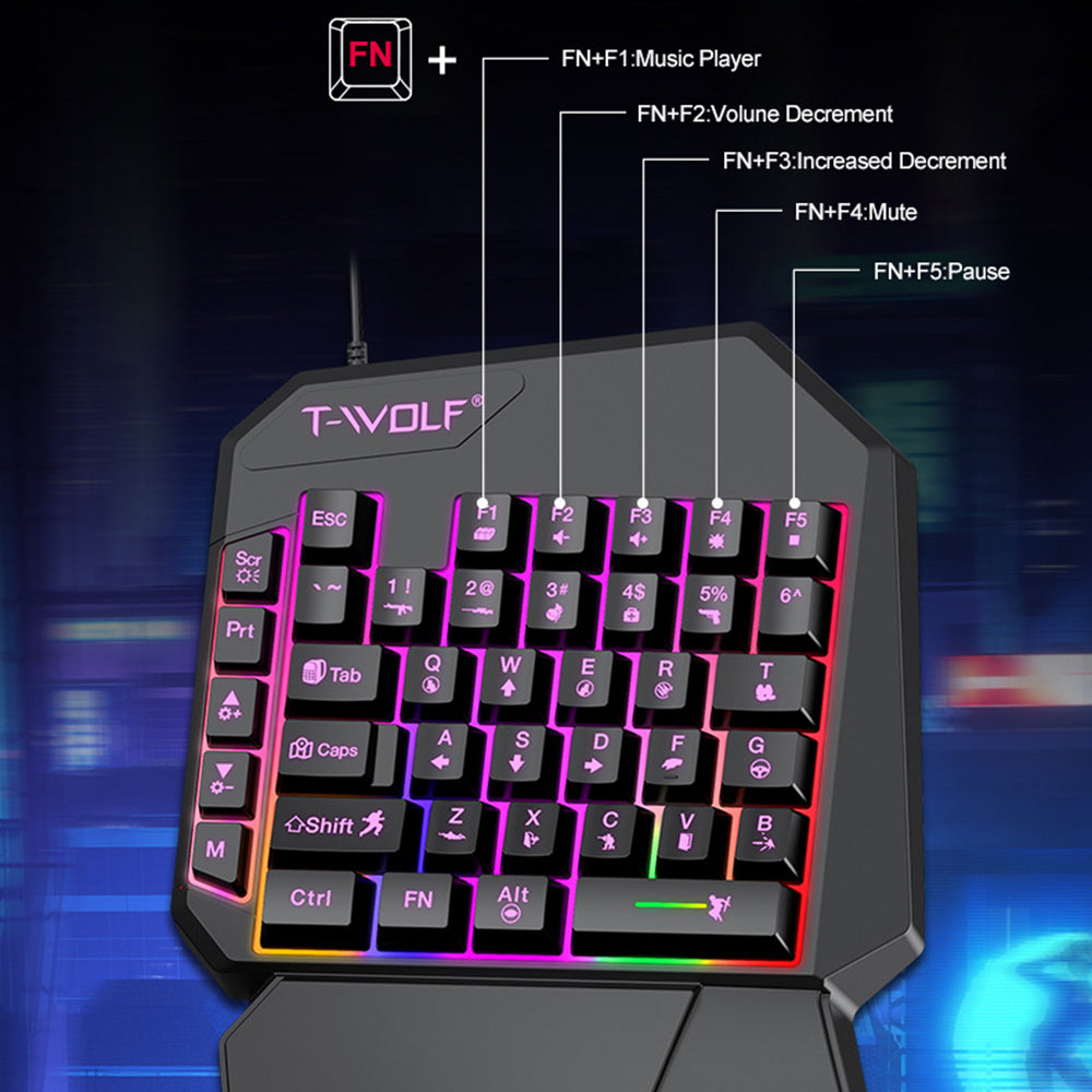 T-WOLF TF950 5PCS Gaming Keyboard Mouse Set Wired 40-Key Keyboard Mouse with Stand and Adapter for Android Phone Tablet