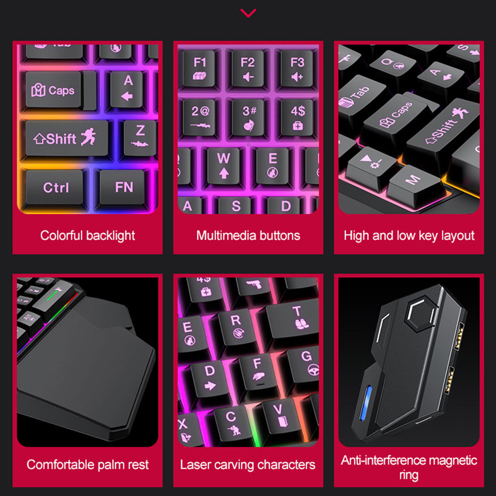 T-WOLF TF950 5PCS Gaming Keyboard Mouse Set Wired 40-Key Keyboard Mouse with Stand and Adapter for Android Phone Tablet