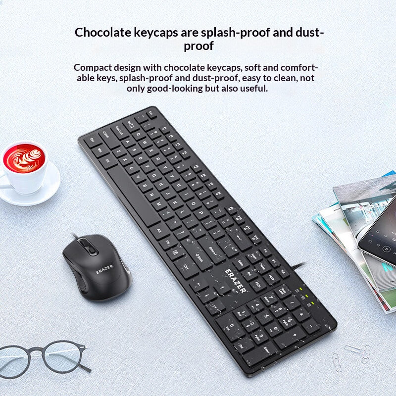 ERAZER KM301 USB Kablet Tastatur Mus Kombi 104 Taster Fuld Størrelse Tastatur 3-Niveauer DPI Mus Sæt til Kontor (Investeret af Lenovo)