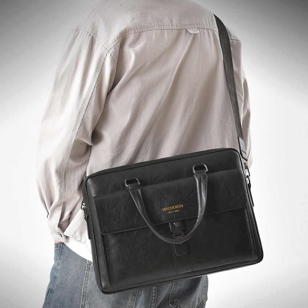 WEIXIER T665 Business Laptop Bag PU Leather Briefcase Waterproof Messenger Bag for 14 Inch Notebook