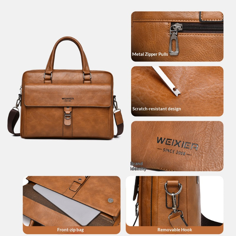 WEIXIER T665 Business Laptop Bag PU Leather Briefcase Waterproof Messenger Bag for 14 Inch Notebook