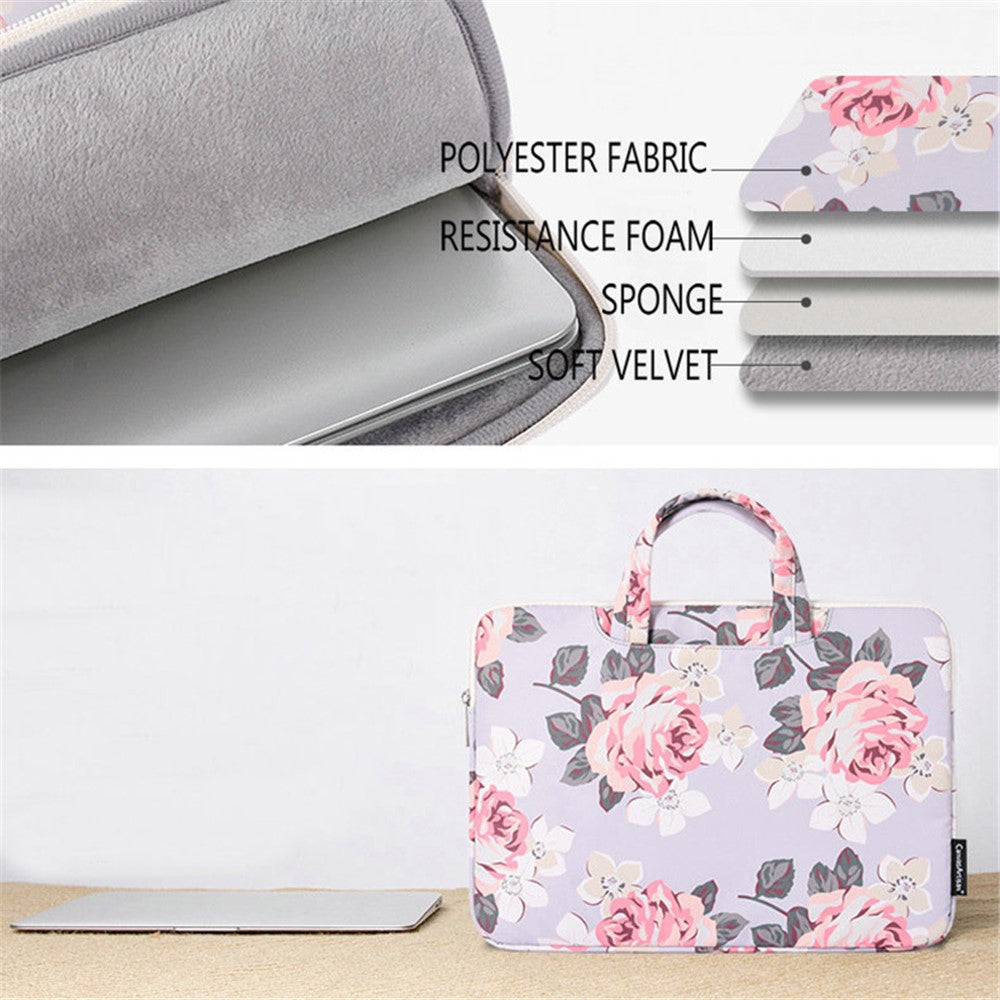 CANVASARTISAN H40-B01 Laptop Sleeve Case Rose Pattern Printed 13-inch Computer Carrying Bag Portable Handle Business Briefcase