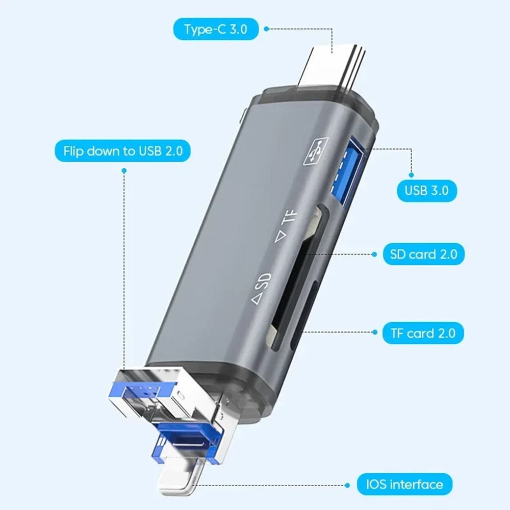 ADS-306 USB / 8-Pin / Type-C Plug SD TF Card Reader U-Disk Data Transfer Adapter