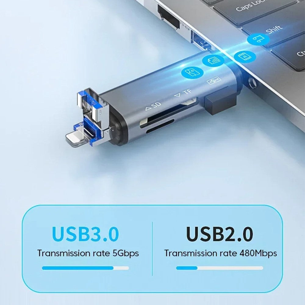 ADS-306 USB / 8-Pin / Type-C Plug SD TF Card Reader U-Disk Data Transfer Adapter