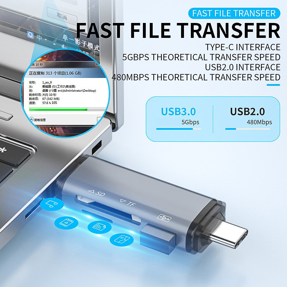 ADS-307 USB / Type-C / Micro Plug SD TF Card U-Disk Reader Data Transfer OTG Adapter