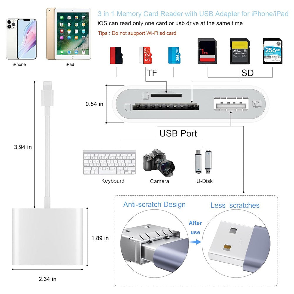 8-Pin Plug SD+TF+USB2.0 Memory Card U-Disk Reader Data Transfer Adapter