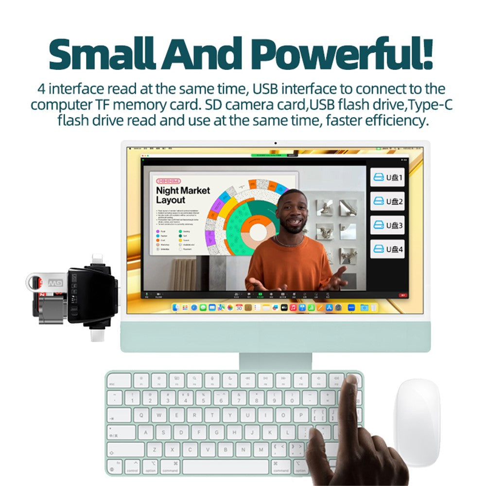 USB / 8-Pin / Type-C Plug Card Reader USB+SD+TF+USB-C Memory Card U-Disk Hard Disk Adapter