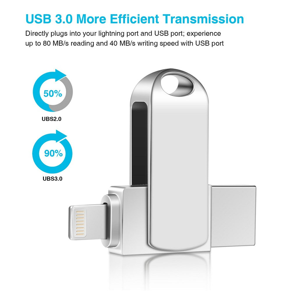 2 in 1 Card Reader 256GB OTG USB Flash Drive with 8Pin + USB 3.0 Port U Disk for iPhone Computer PC