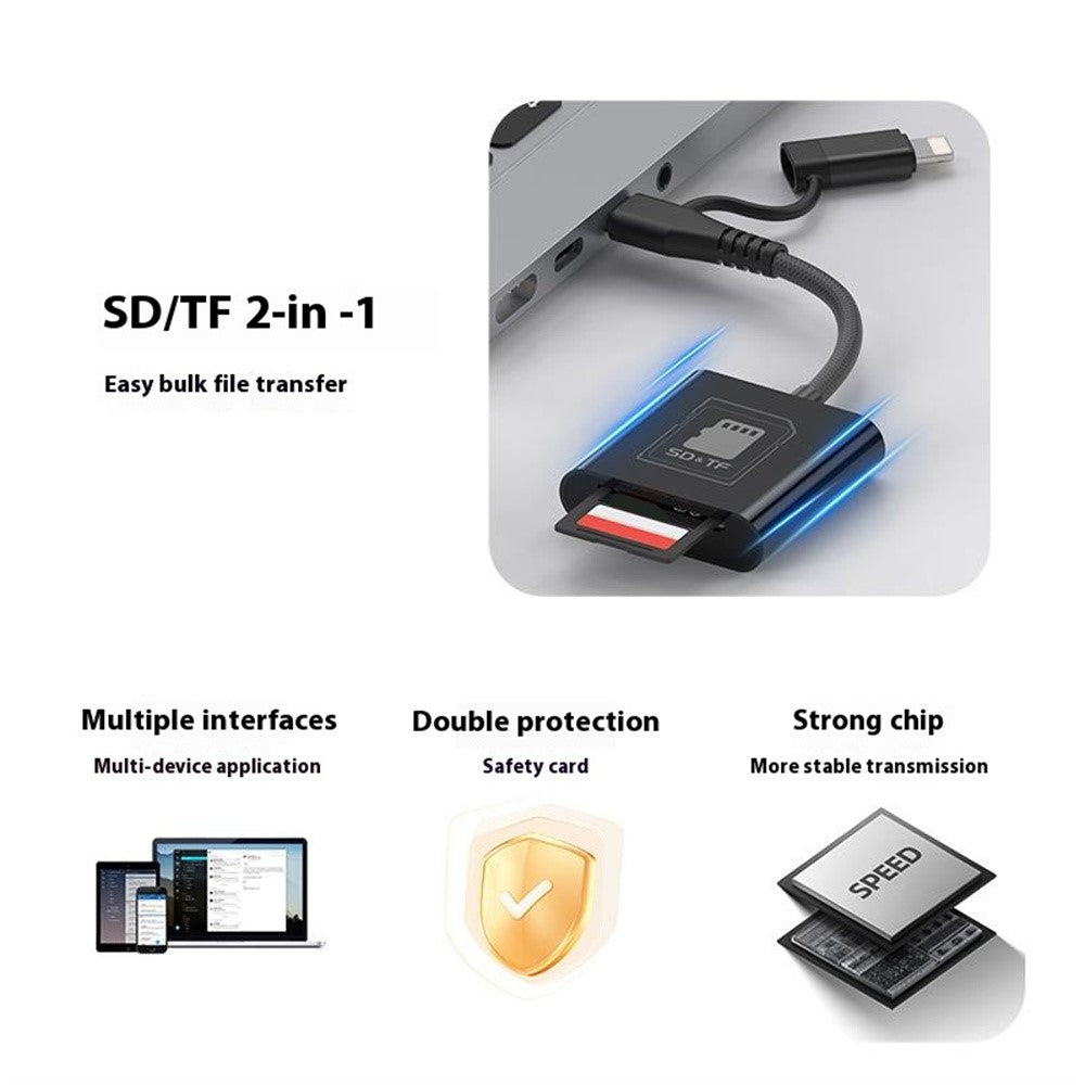 8Pin + Type-C 2 in 1 Card Reader for TF / SD Cards Supports Up to 2TB Compatible with iOS / Android