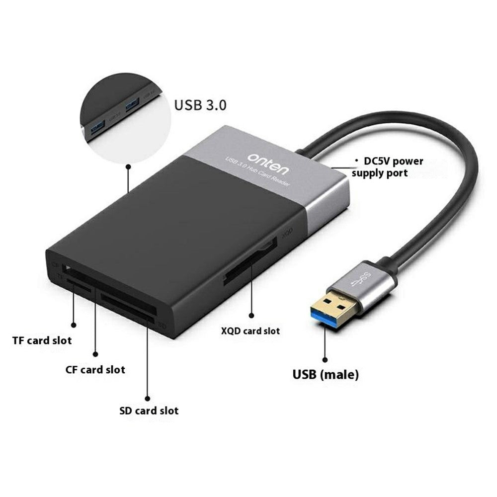 ONTEN OTN5215B SD TF CF XQD Card Reader 2xUSB3.0 6-in-1 Hub OTG Multi-Function Card Reader