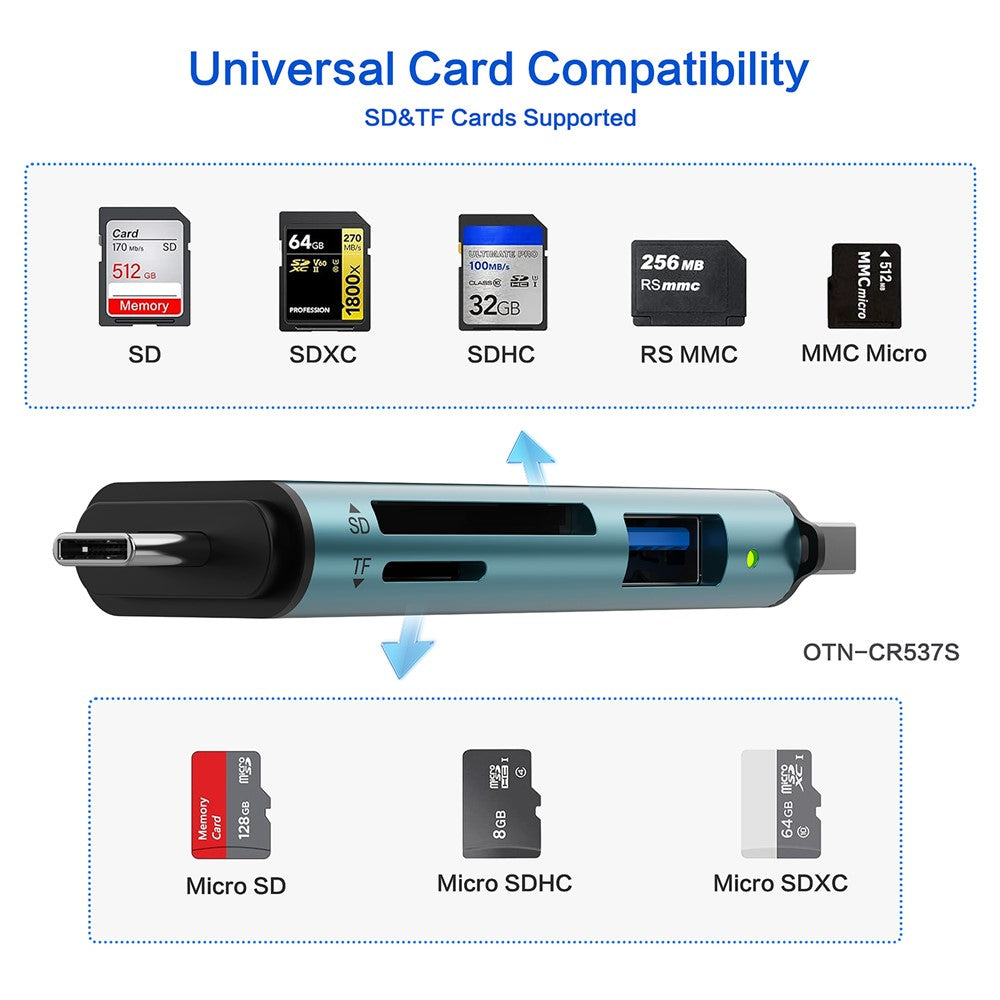 ONTEN OTN-CR537S Typ-C / USB till USB 3.0 + SD / TF-kortplatser Multifunktionskortläsare
