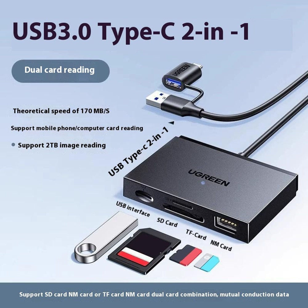 UGREEN 45178 2 In 1 USB A / Type C to SD  /  TF  /  NM Card Reader for Apple  /  Huwei  /  Android