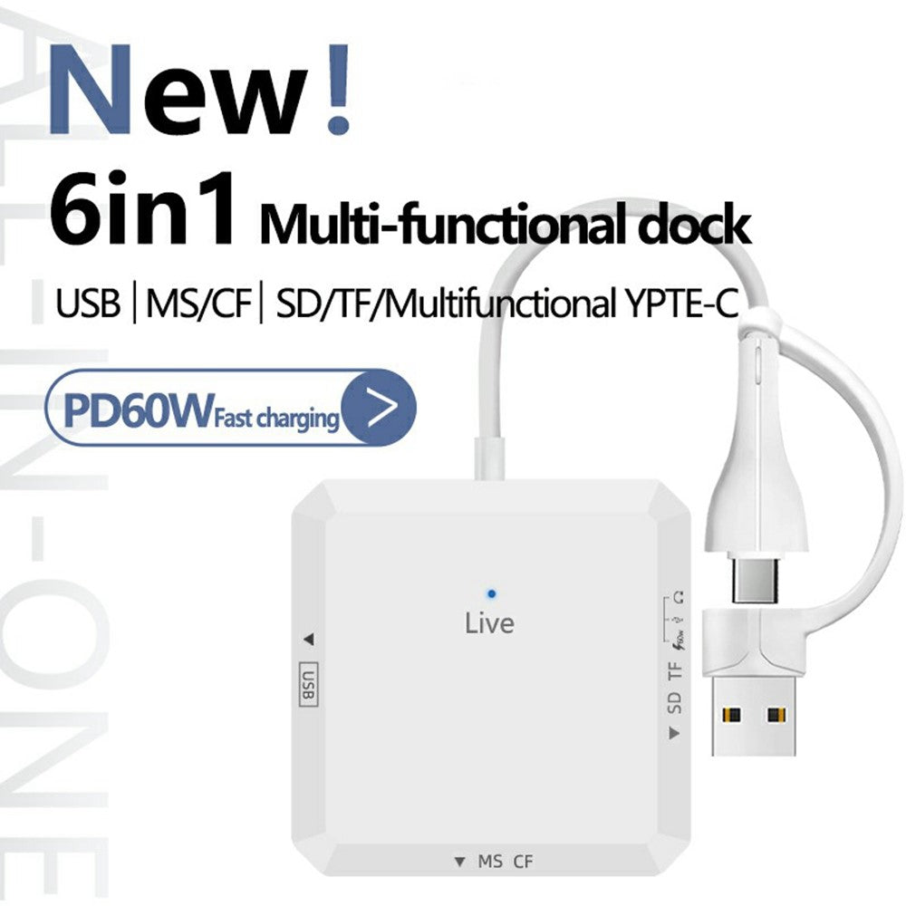 AJ1028 6 in 1 Card Reader USB Type-C Dual Port Data Hub TF SD MS CF USB PD 60W Charging Dock