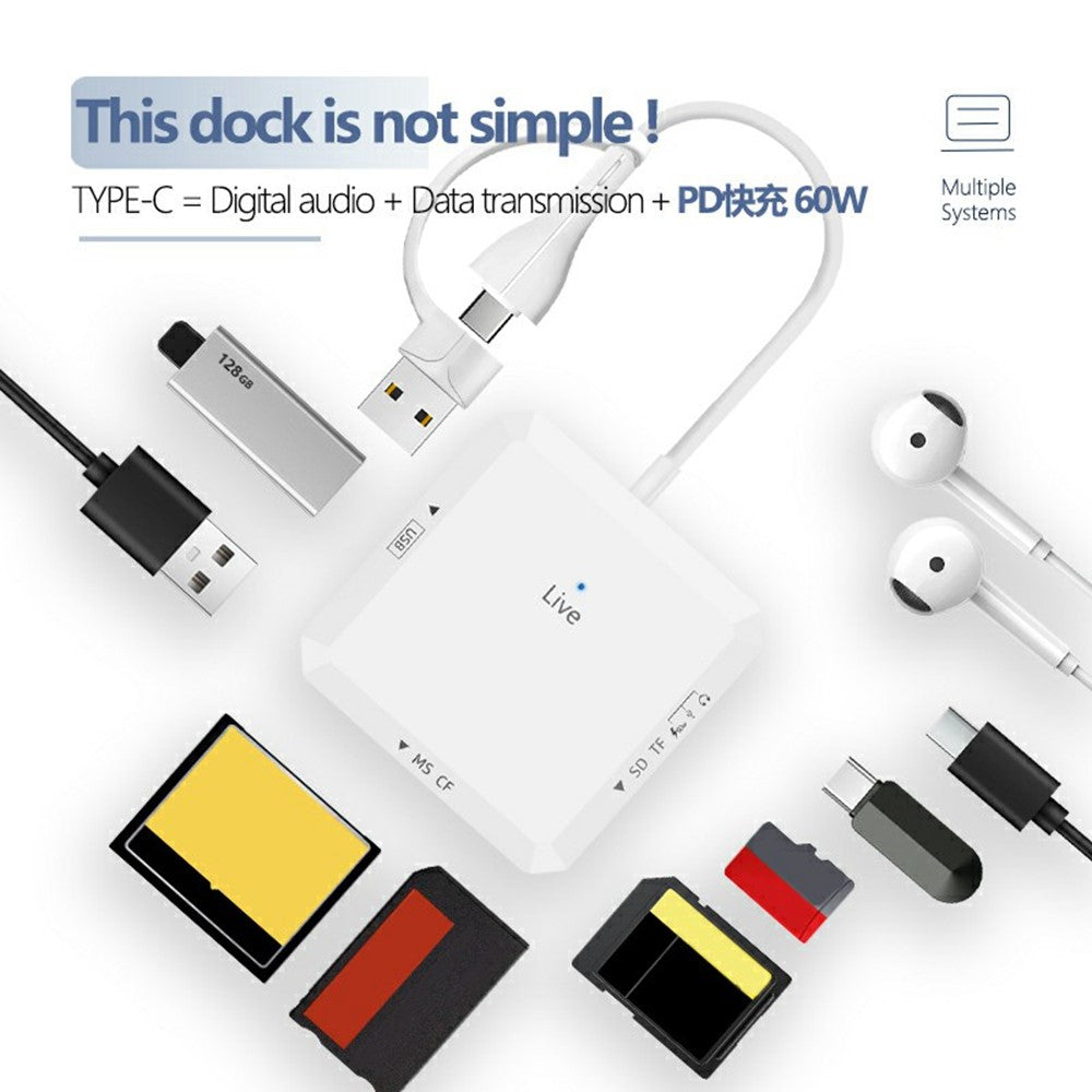 AJ1028 6 in 1 Card Reader USB Type-C Dual Port Data Hub TF SD MS CF USB PD 60W Charging Dock