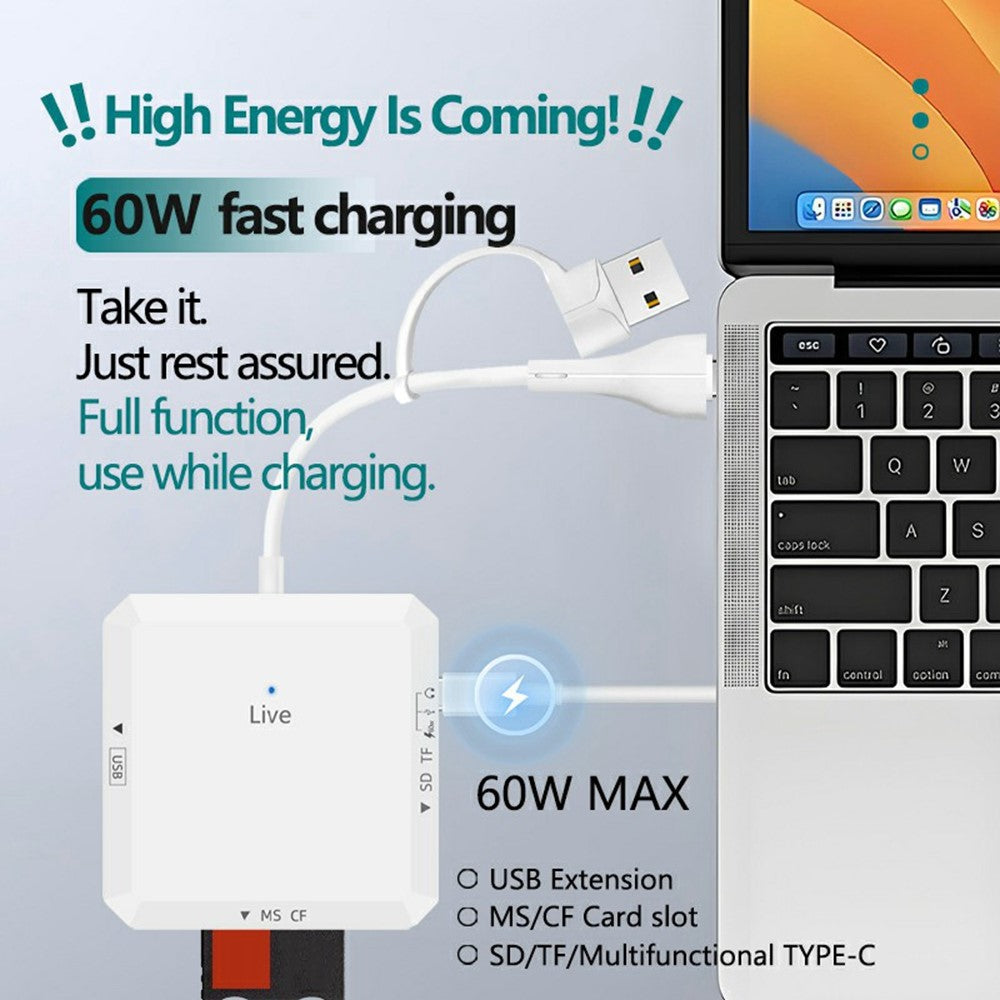 AJ1028 6 in 1 Card Reader USB Type-C Dual Port Data Hub TF SD MS CF USB PD 60W Charging Dock