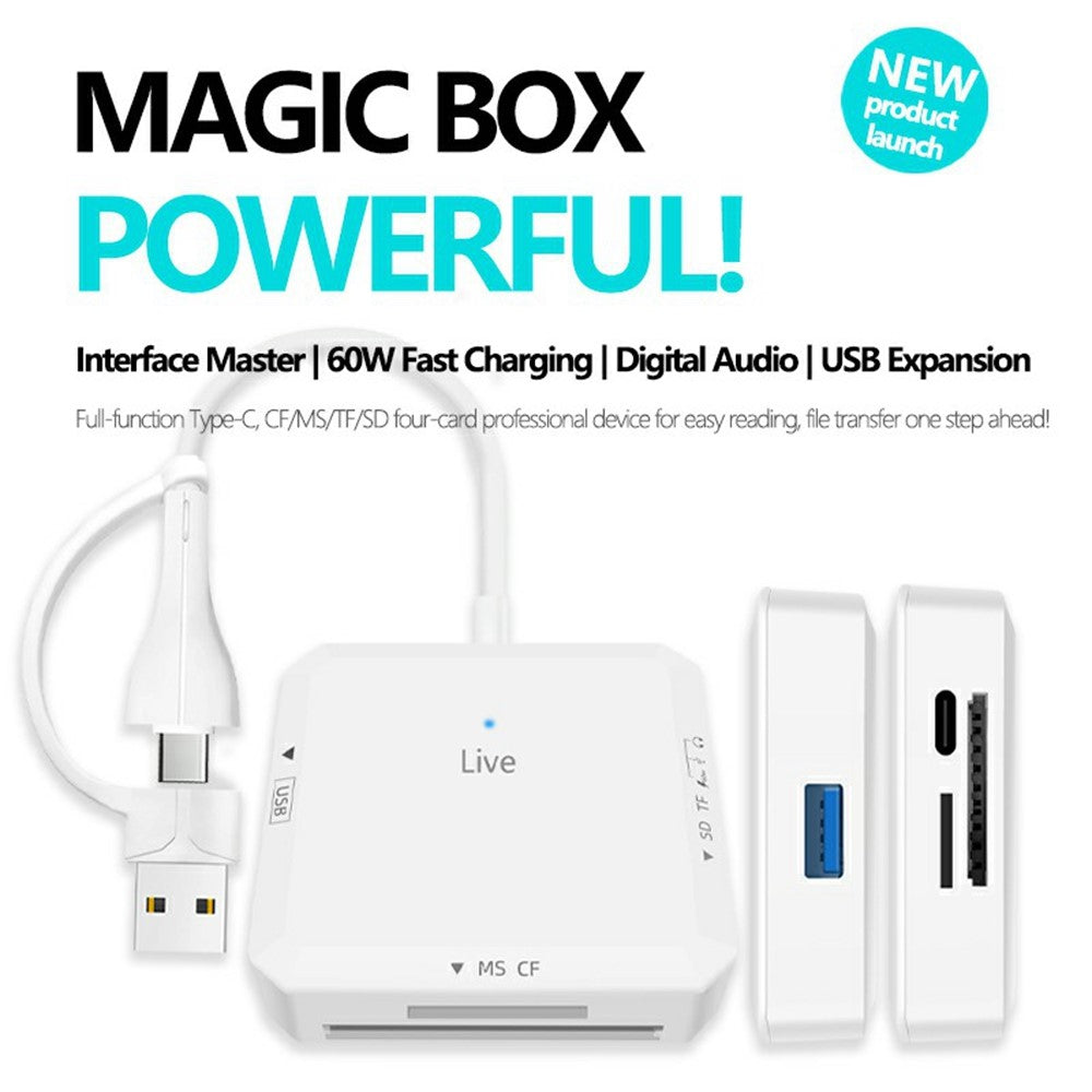 AJ1028 6 in 1 Card Reader USB Type-C Dual Port Data Hub TF SD MS CF USB PD 60W Charging Dock