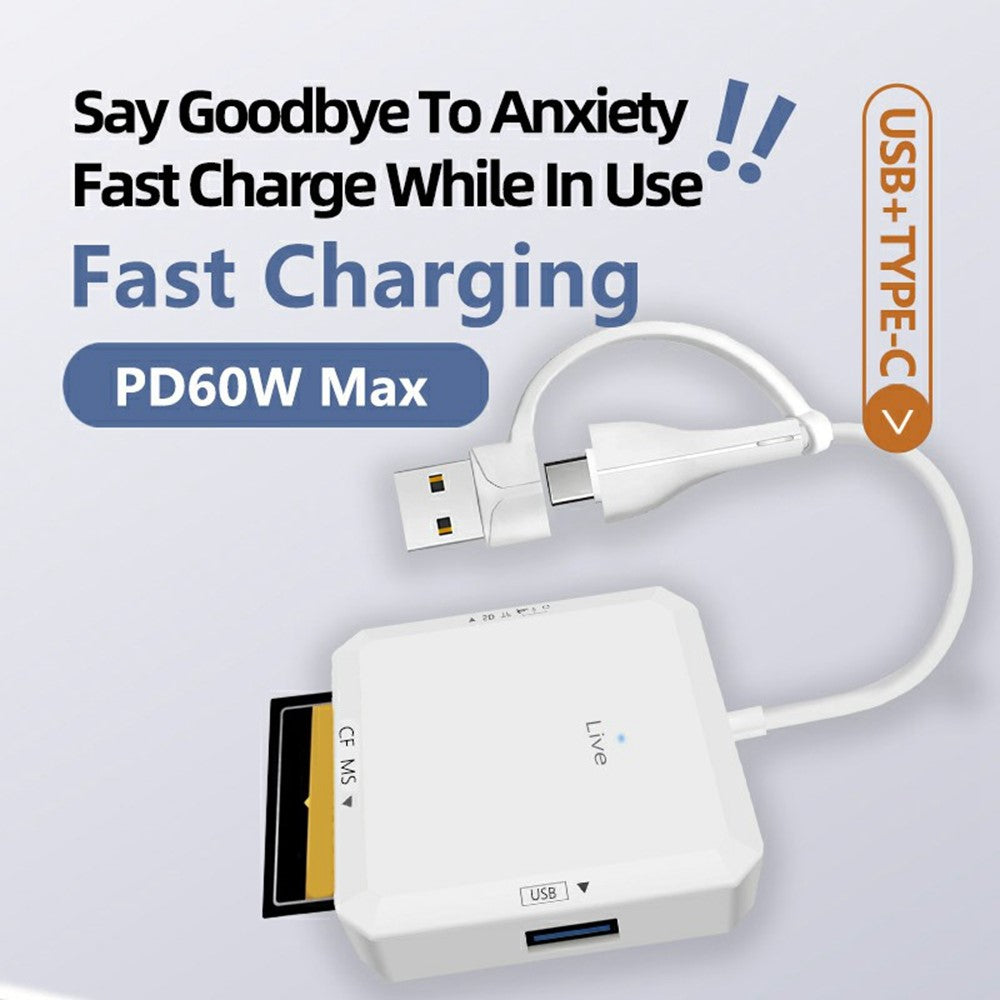 AJ1028 6 in 1 Card Reader USB Type-C Dual Port Data Hub TF SD MS CF USB PD 60W Charging Dock