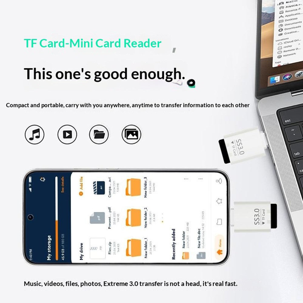SS3.0 USB-C TF-kortläsare Mini Type-C till MicroSD High Speed 3.0-adapter för Windows / MacOS / Linux / Android / iOS