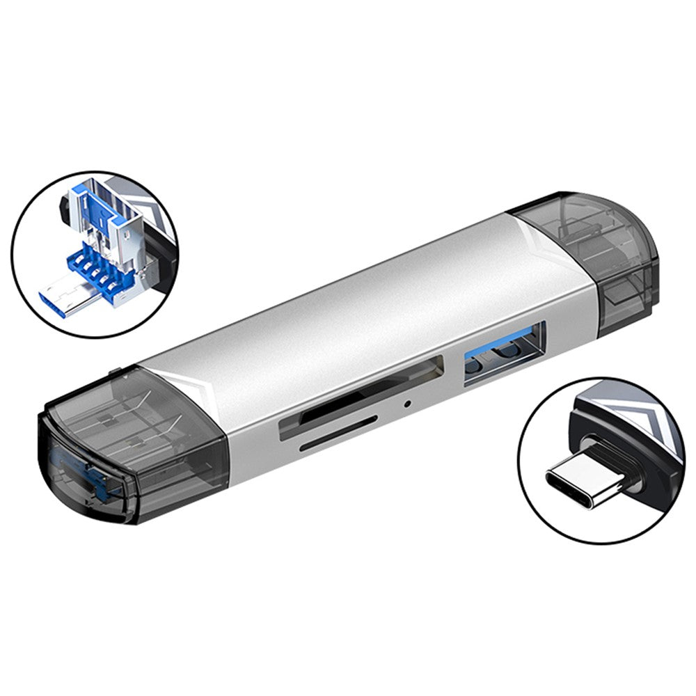 MICRODRIVE 6-in-1 Aluminum Alloy Card Reader with USB2.0 / Type-C Plug