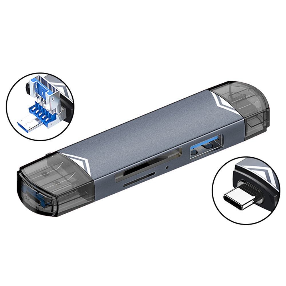 MICRODRIVE 6-in-1 Aluminum Alloy Card Reader with USB2.0 / Type-C Plug