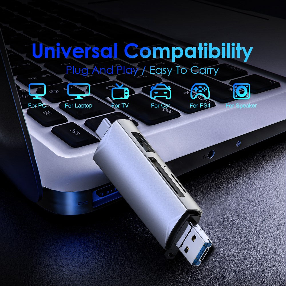 MICRODRIVE 6-in-1 Aluminum Alloy Card Reader with USB2.0 / Type-C Plug